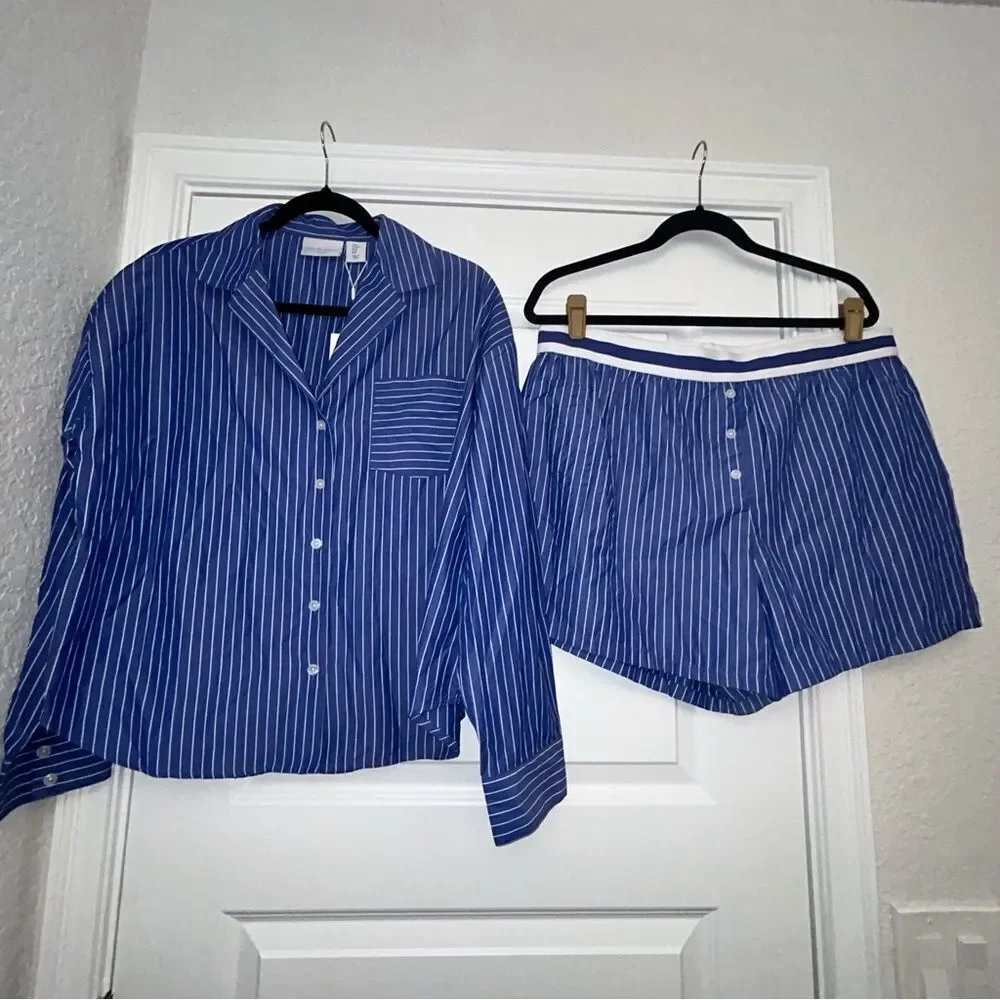 New, Caroline Constas Stripe Print Shirt and Short Sleepwear Set
